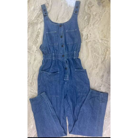 Vintage IDEAS Small Denim Jumpsuit Romper Overalls 80s 1980s Cinch High Waist‎